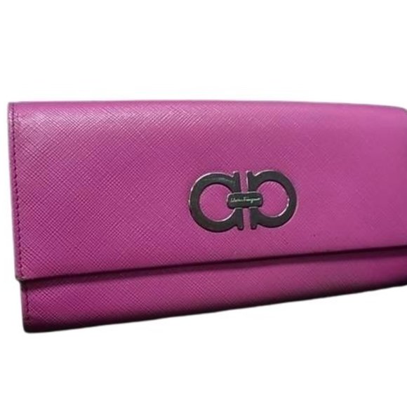 Salvatore Ferragamo Double Gancini Wallet JP-22 7121 Pink Leather Women's Bif...